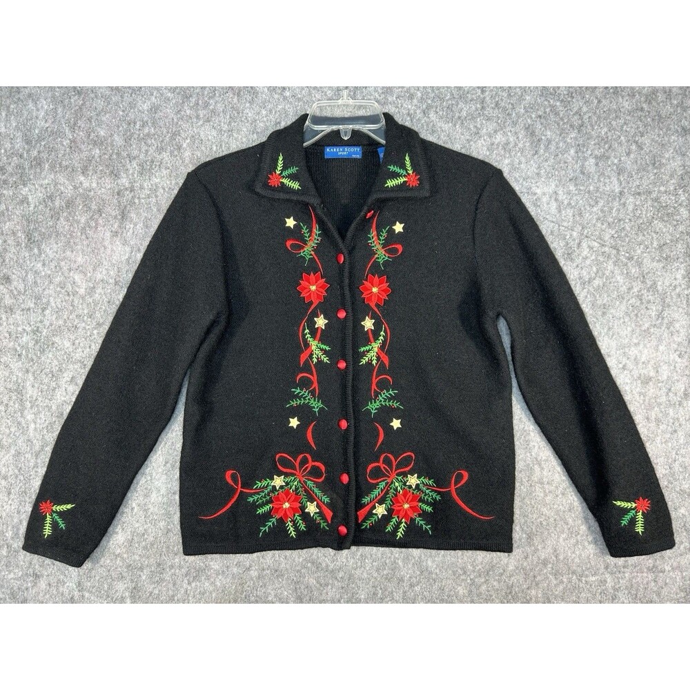 Karen Scott Pure Wool Button Cardigan Size PM Embroider Floral Black